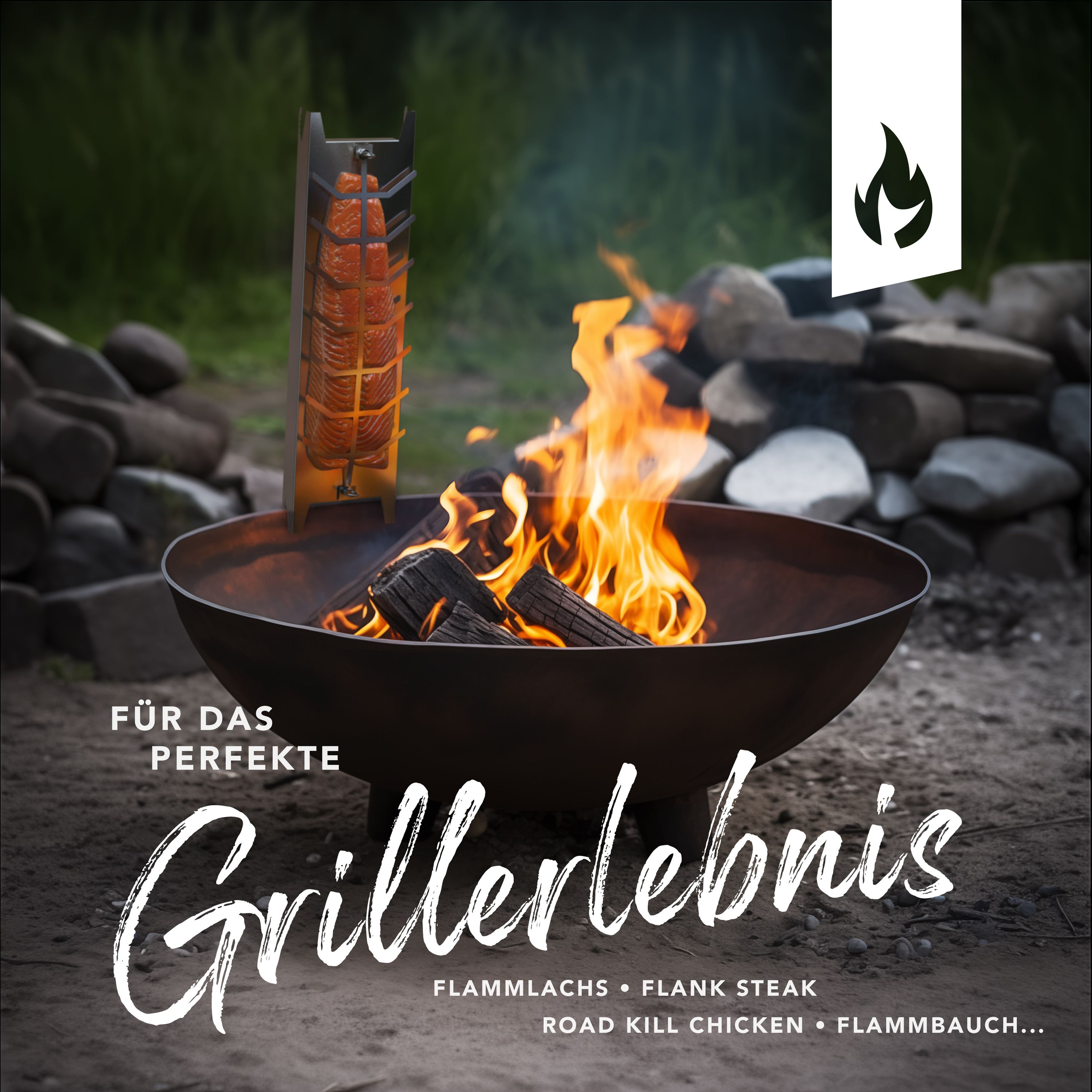 Flammlachs auf Feuerschale grillen – Edelstahl Brett